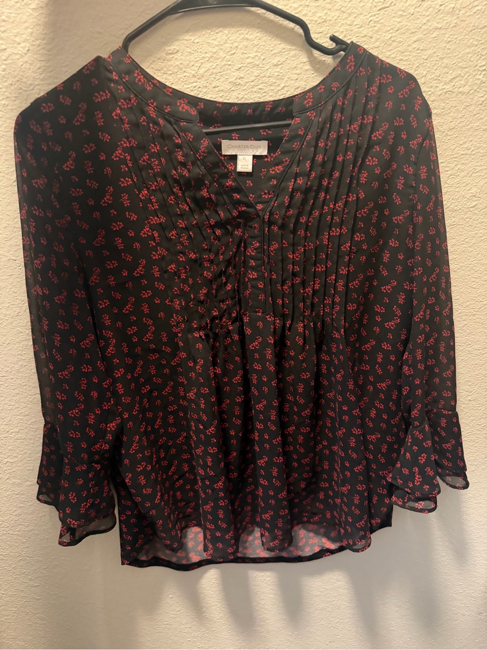 Charter Club Black Blouse with Red Floral Pintuck Front